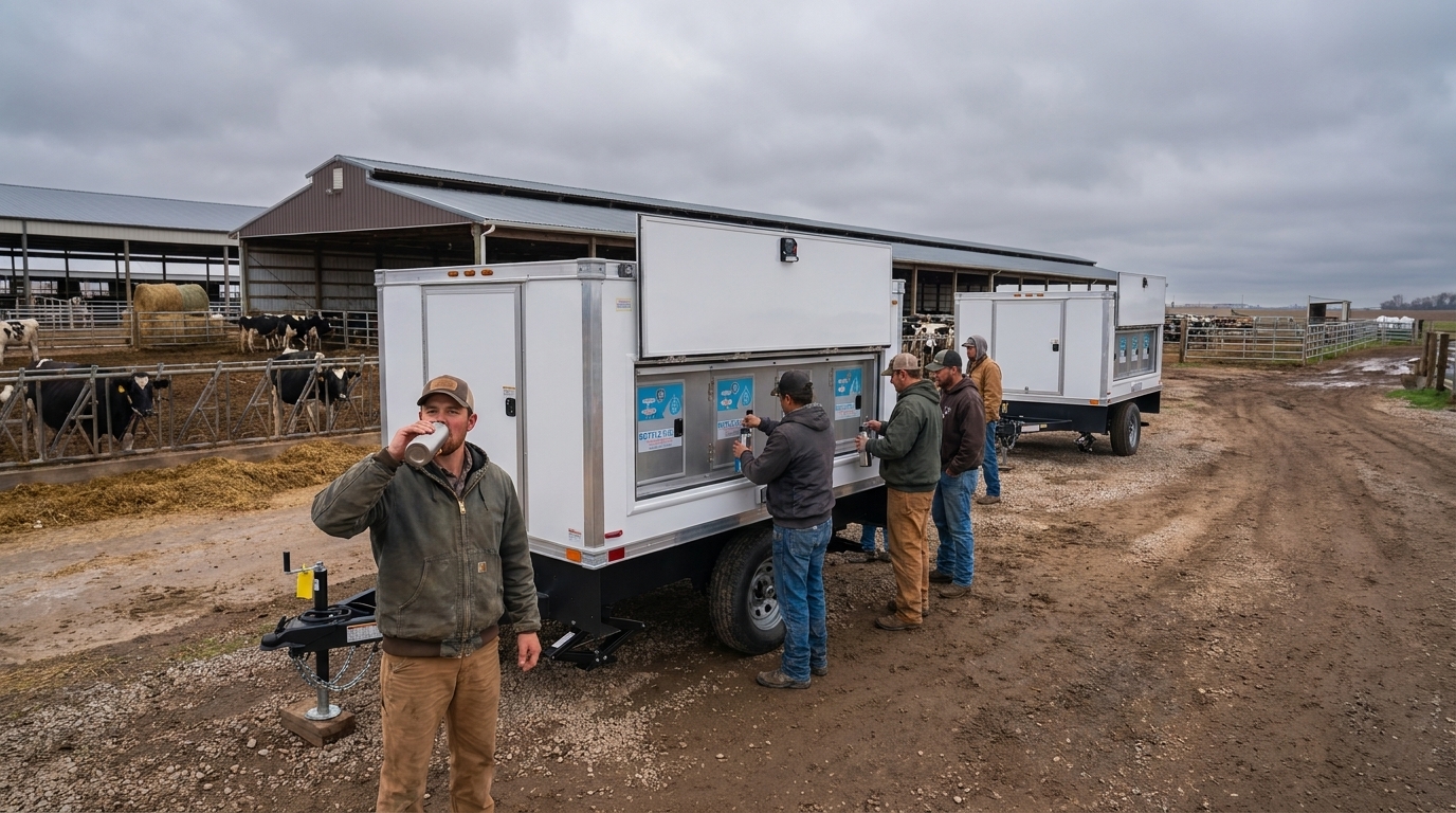 Water station trailer being set level and filled on delivery day