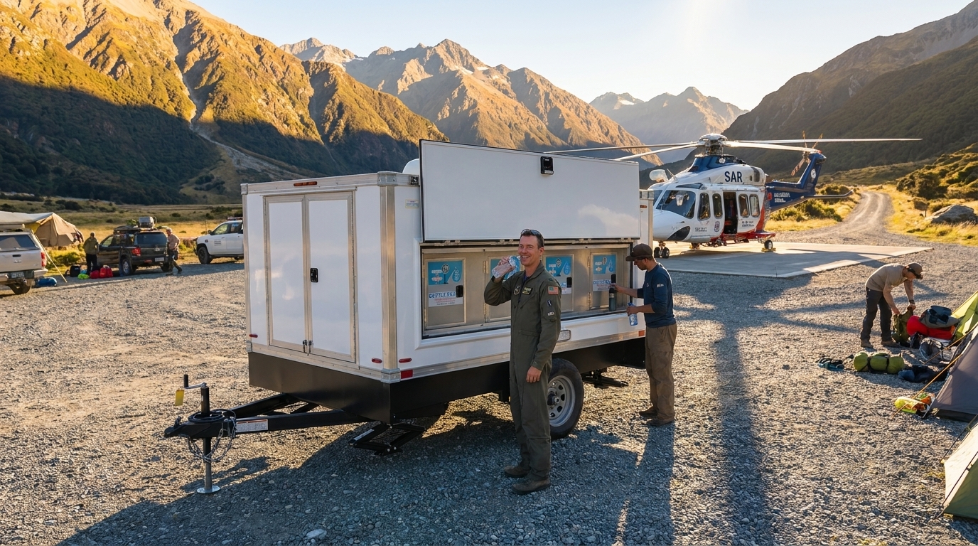 Chilled water station staged for A towed water station parked on a haul road beside a working crew with cones and a pickup nearby