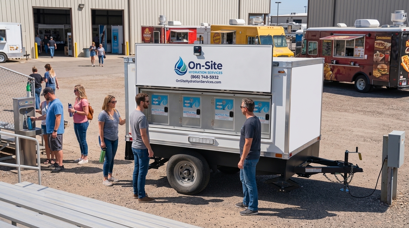 Water station trailer at a fairgrounds expo, staged for Orange area work