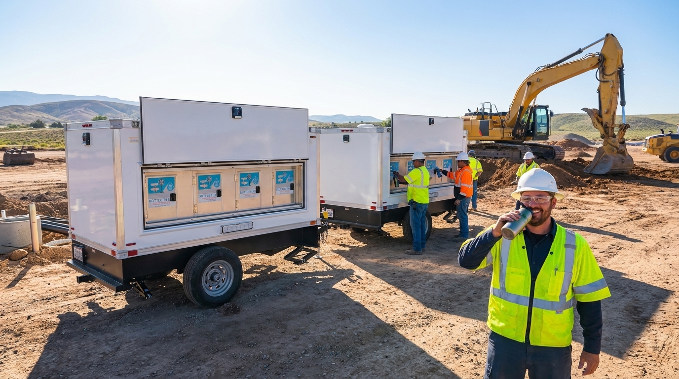 Workers lining up at the bottle filling stations during a break