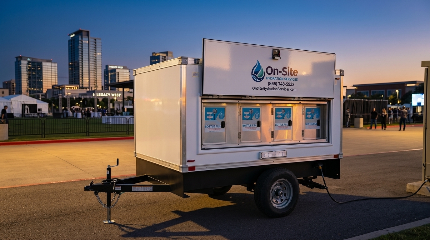 On-Site Hydration Services Signature Series mobile water station trailer with four bottle filling stations, staged for a job site or event in Plano
