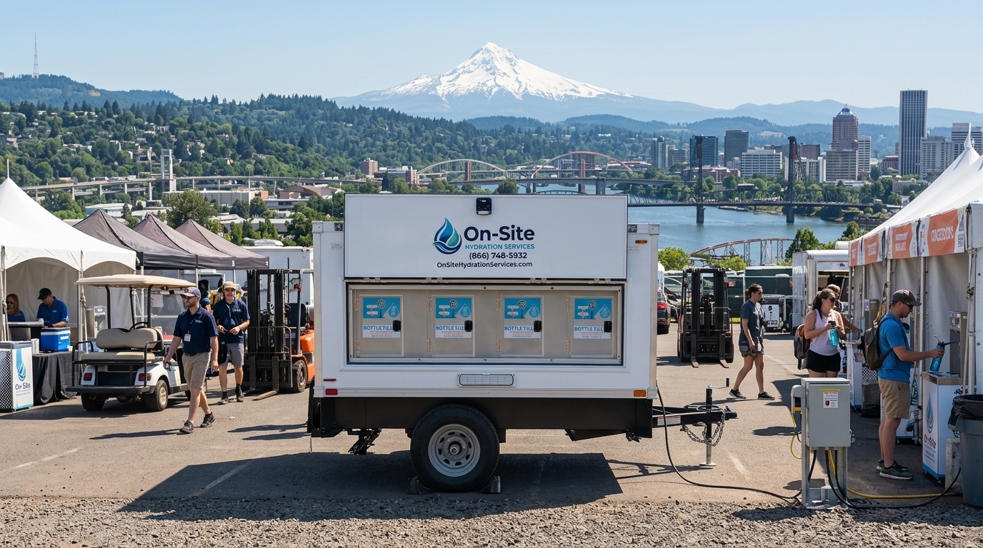 On-Site Hydration Services Signature Series mobile water station trailer with four bottle filling stations, staged for a job site or event in Portland
