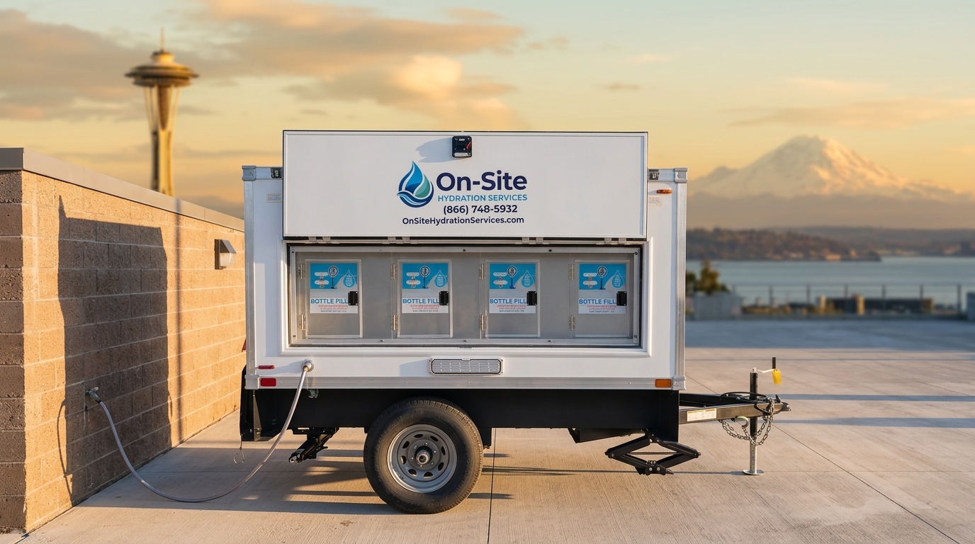 On-Site Hydration Services Signature Series mobile water station trailer with four bottle filling stations, staged for a job site or event in Seattle