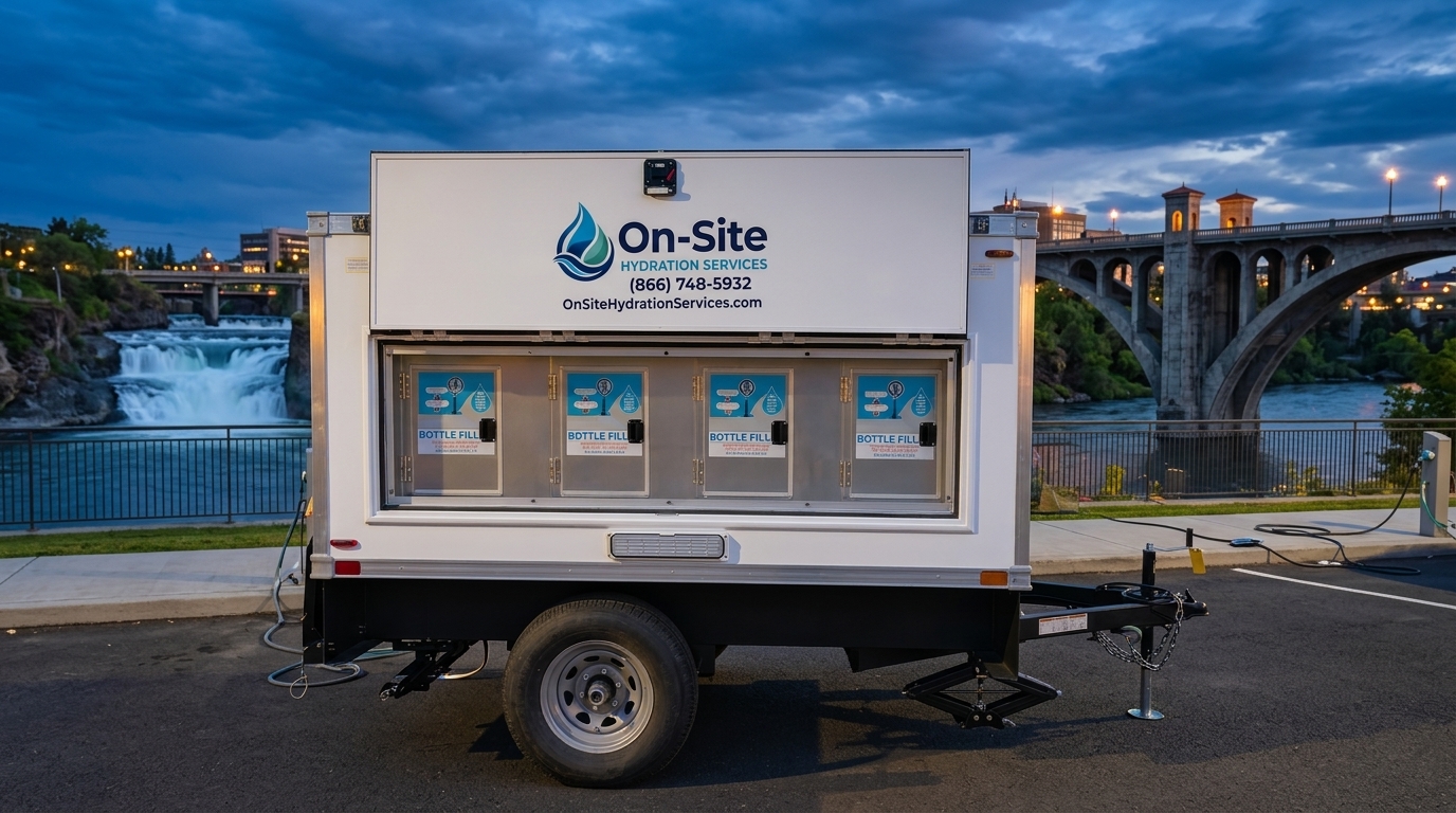 On-Site Hydration Services Signature Series mobile water station trailer with four bottle filling stations, staged for a job site or event in Spokane