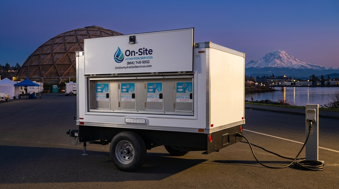 Signature Series water station trailer staged for Tacoma crews, Puyallup on the same route