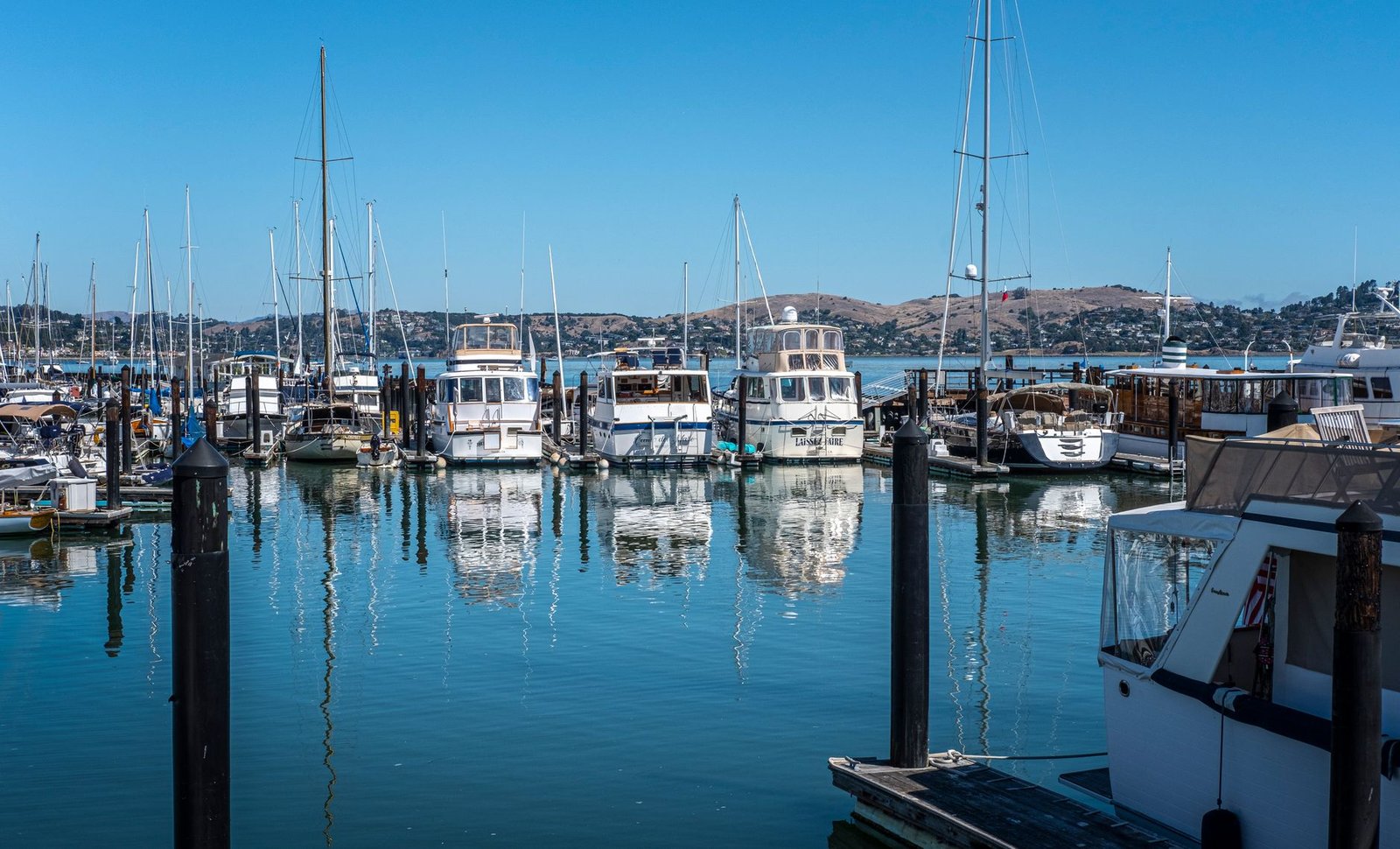 Sailboats and cabin cruisers docked in a calm marina with hills in the background