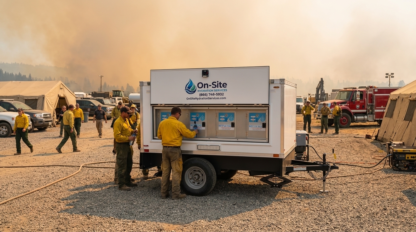 Water station trailer at a wildfire response basecamp, staged for a Goodyear area crew break