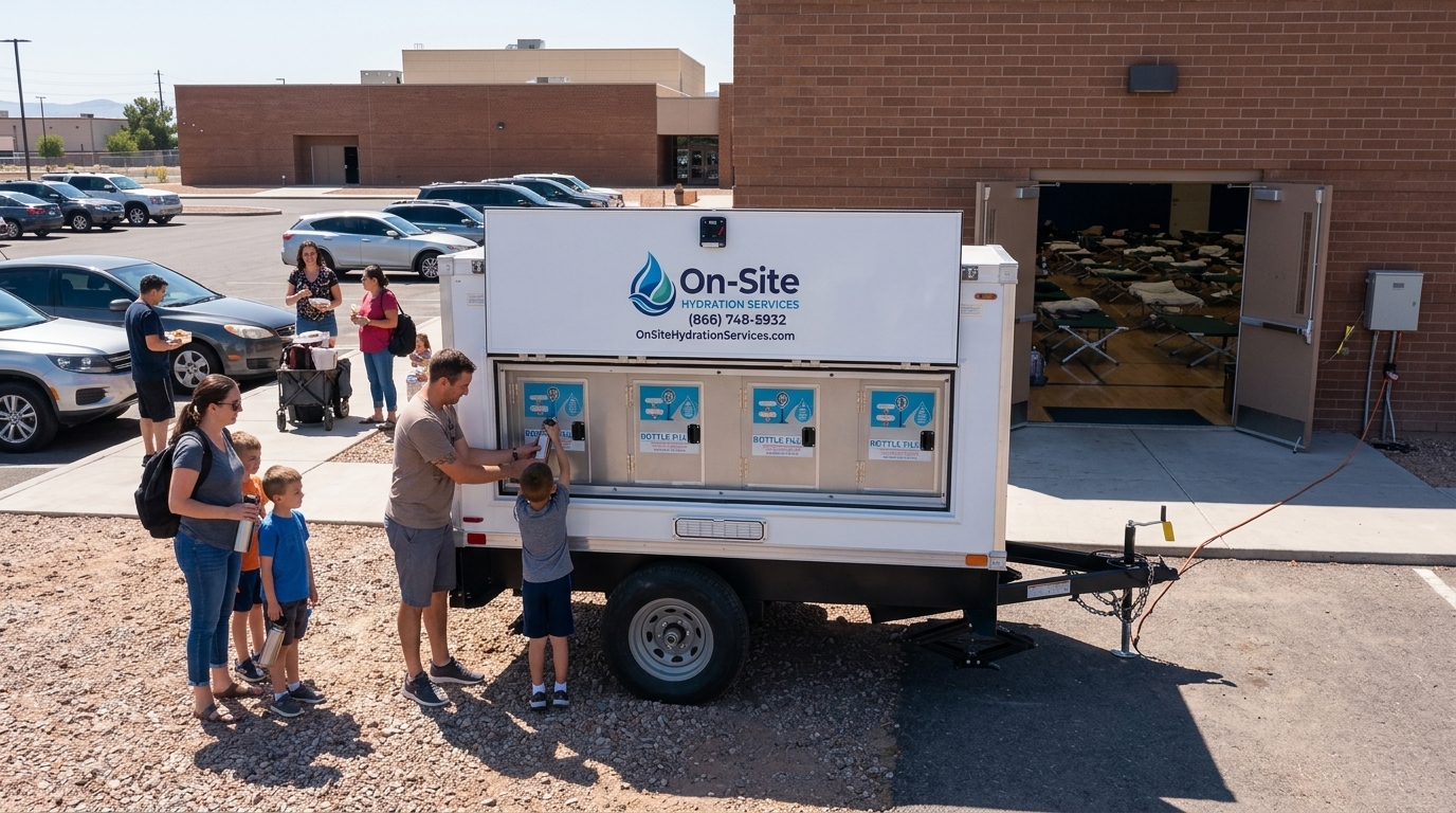 Chilled water station at an evacuation shelter, the kind we stage across Costa Mesa