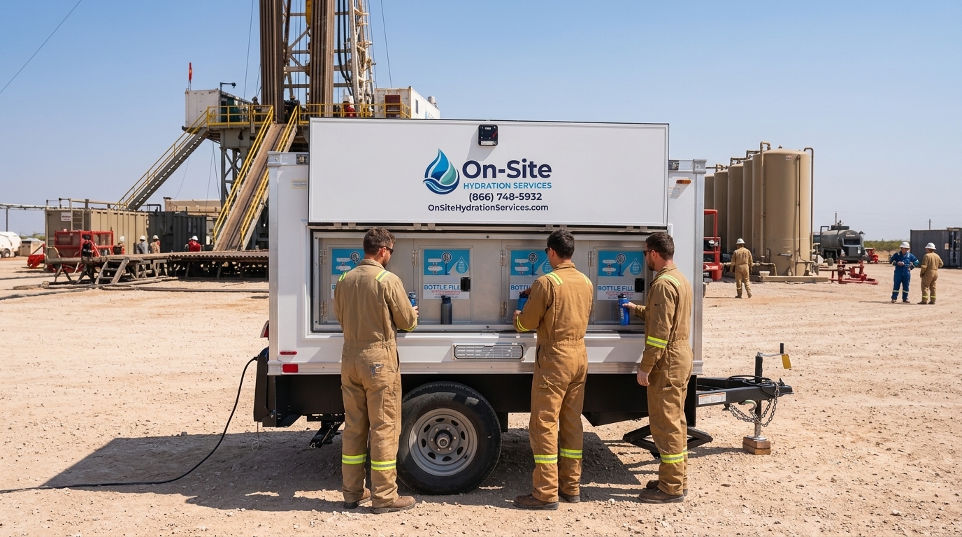 A crew filling bottles at a station on a job between Costa Mesa and Newport Beach