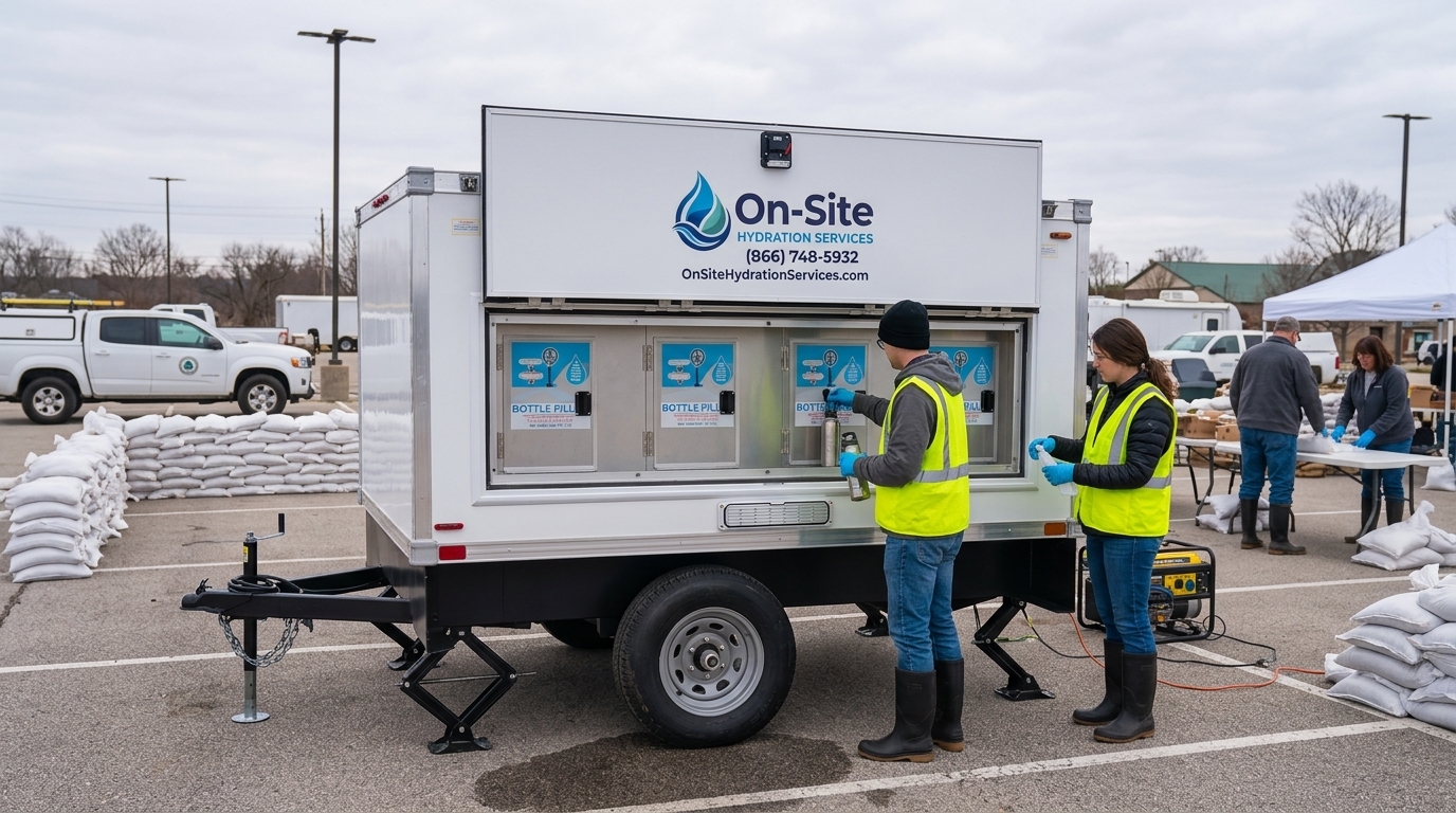 Water station trailer at a flood relief site, ready for a Hesperia area job