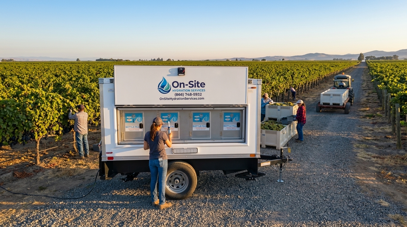 Mobile water station at a vineyard harvest, the kind we set up for West Covina area crews