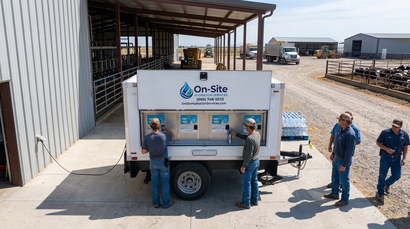 On-Site Hydration Services Signature Series mobile water station trailer with four bottle filling stations, staged for a job site or event in Greeley