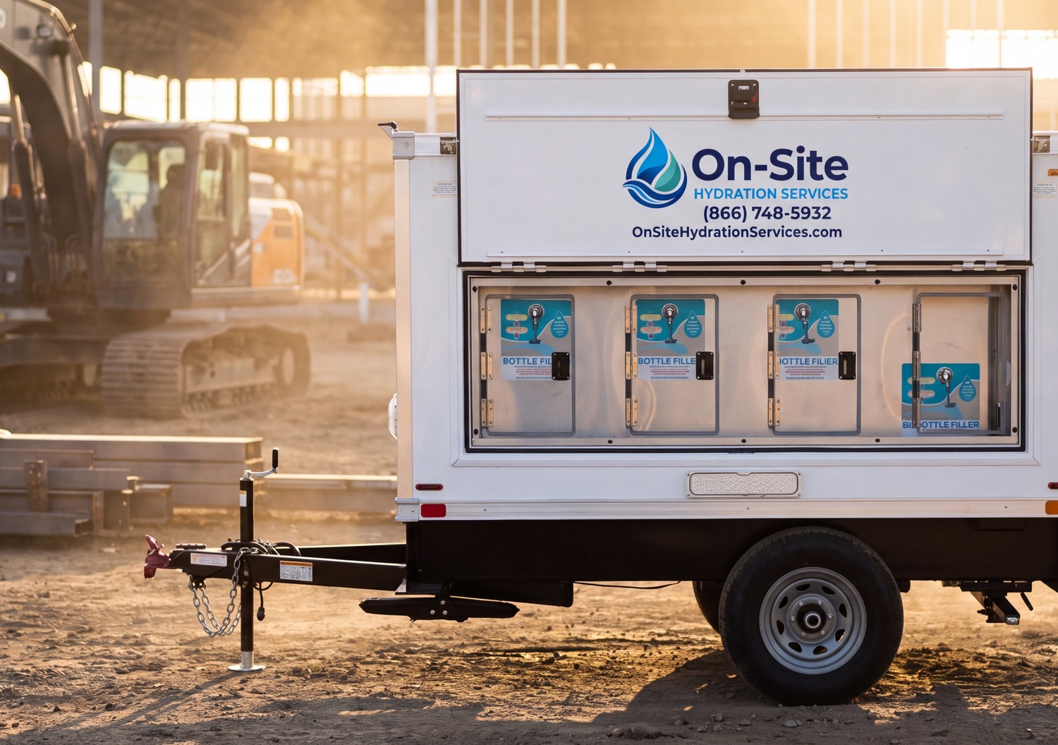 Water station trailer set up at a customer job site, Fernley area, up close