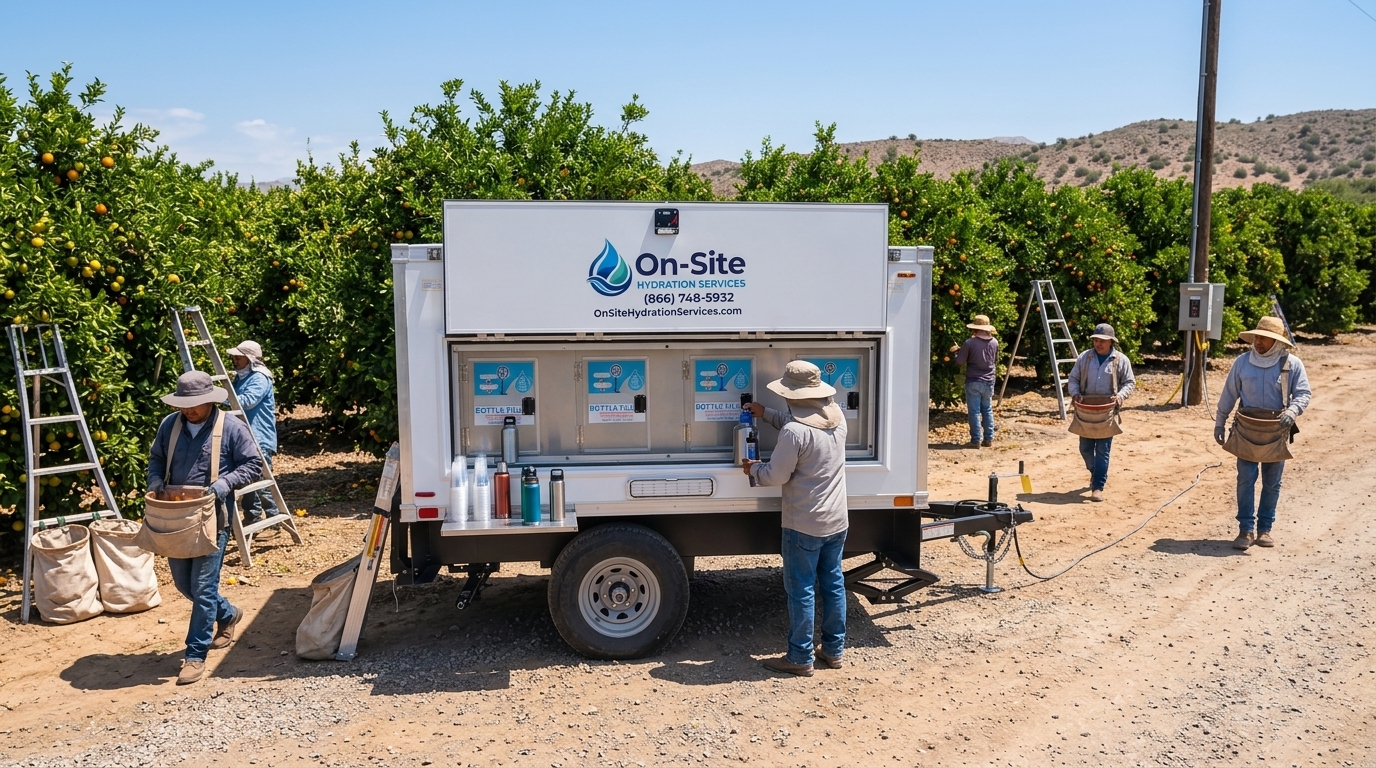 Chilled water trailer at an orchard work site, ready for delivery around Lewisville