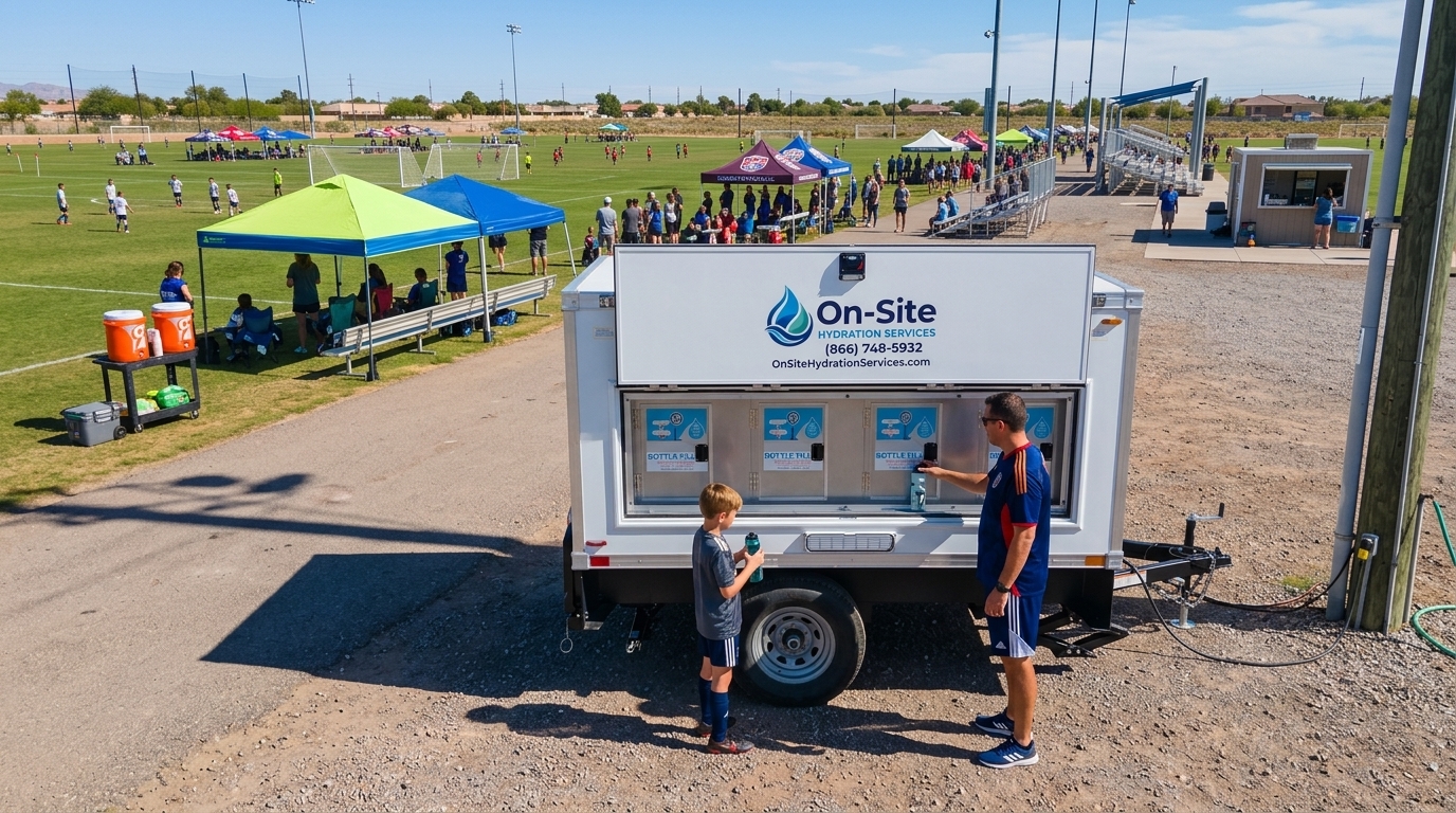 Chilled water station at a youth sports tournament, the kind we stage across Lewisville
